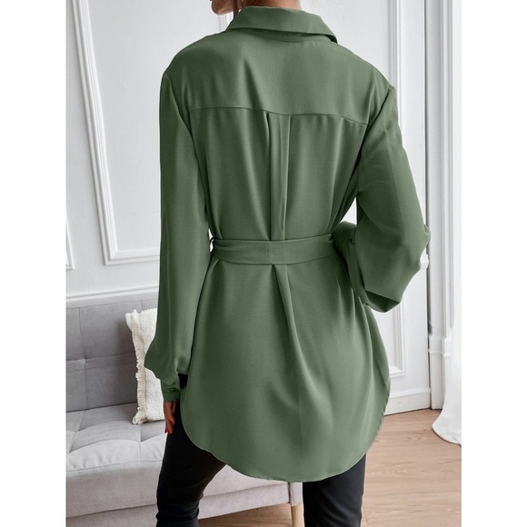 long sleeve Button down Belted tunic length Shirt tan - Picture 9 of 11